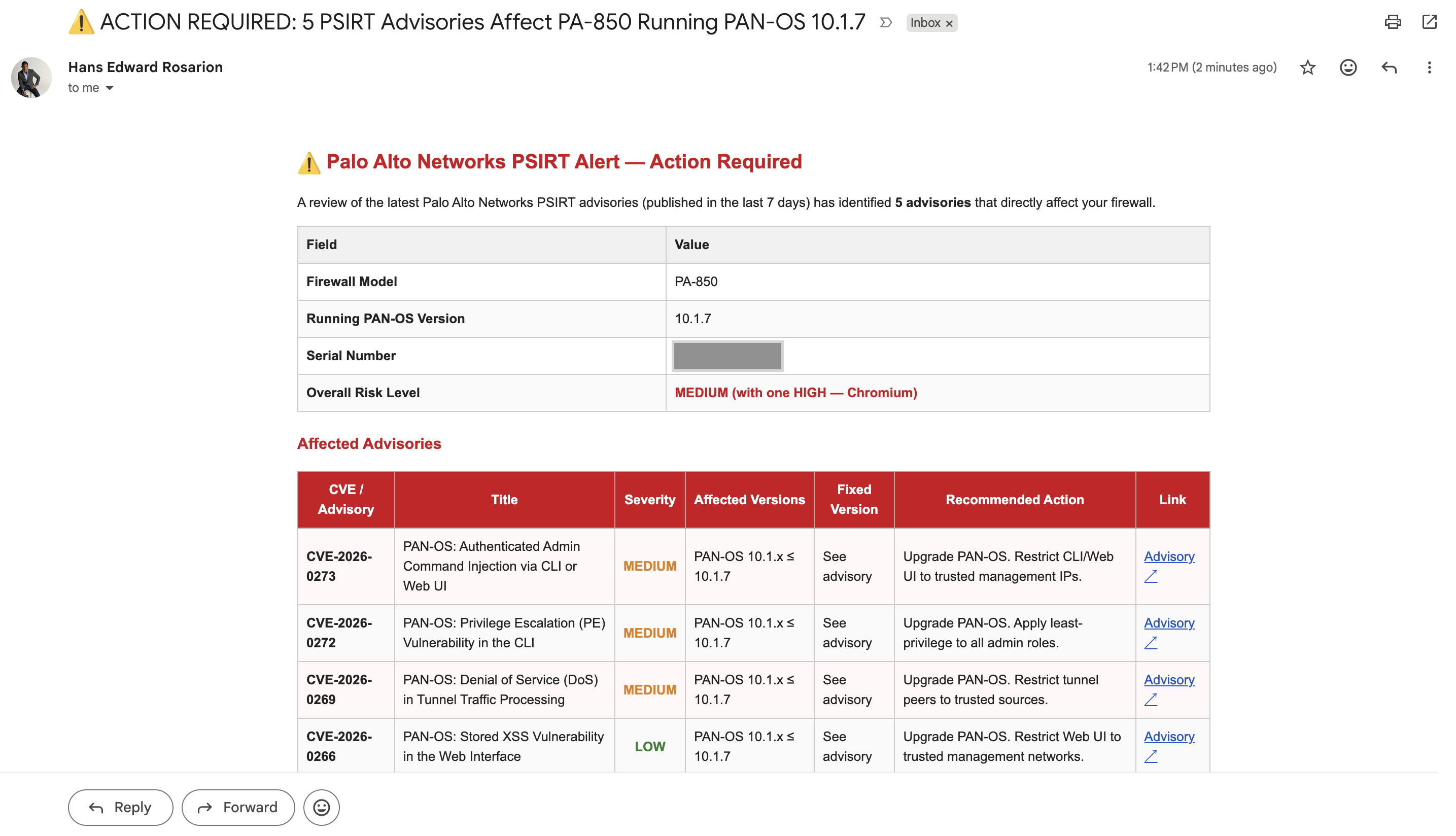 The alert email in Gmail: ACTION REQUIRED — 5 PSIRT Advisories Affect PA-850 Running PAN-OS 10.1.7, with a device summary table and a table of affected advisories